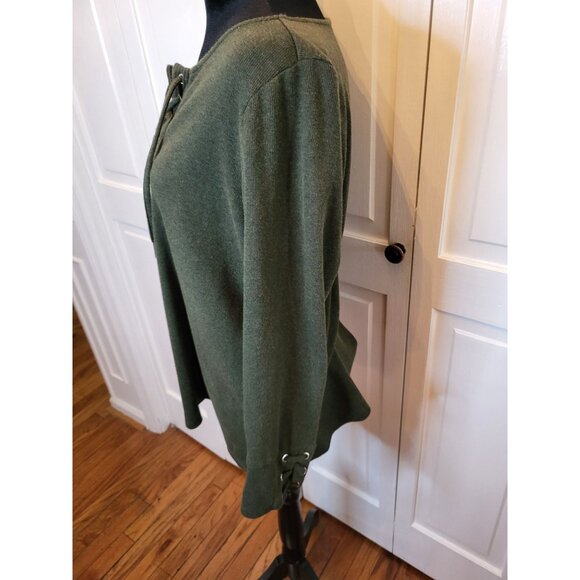 Rafaella Olive Green Lace Up Sweater L Boho Western Neutral Grunge - Picture 6 of 8